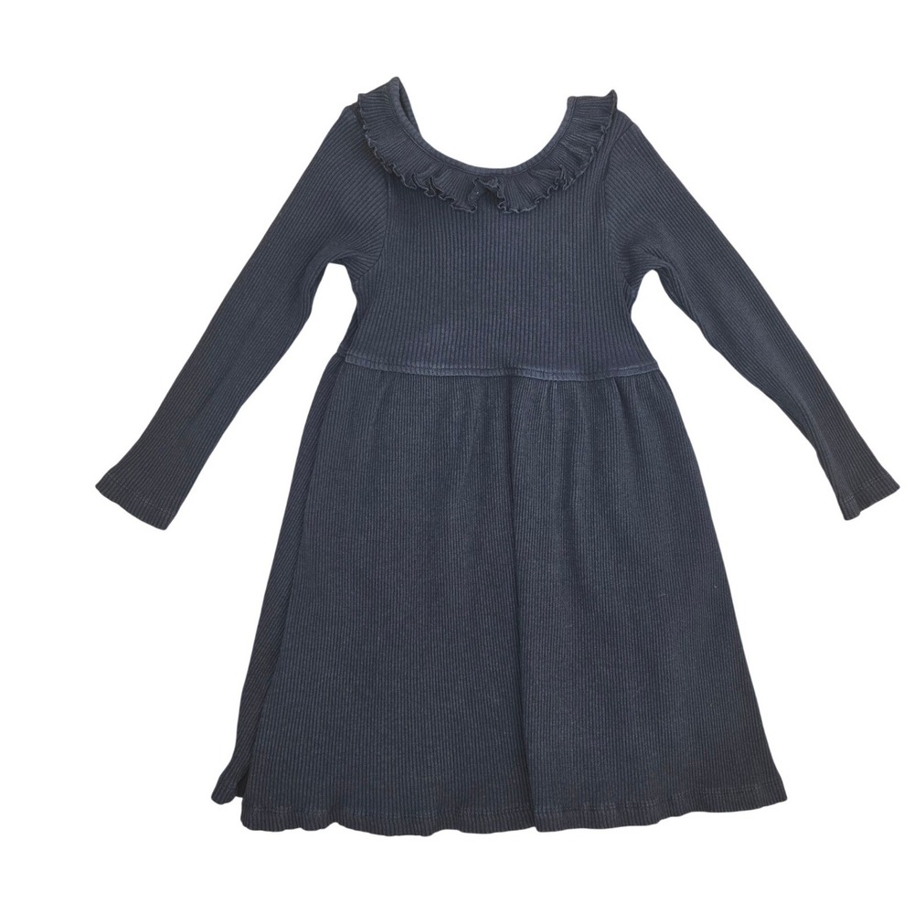 Pink Chicken Girl's Knit Dress Long Sleeve Navy Blue Ribbed Organic Cotton 5Y